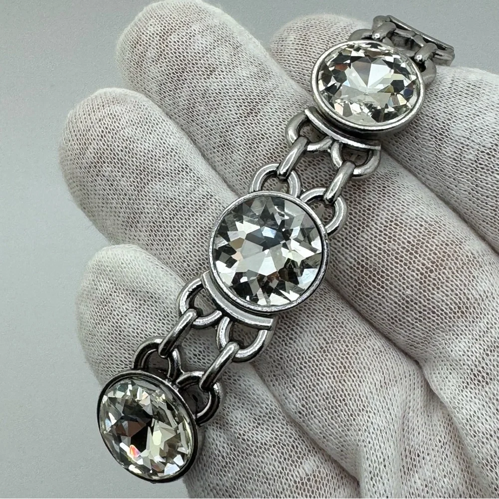 Silver Tone Crystal Stretch Bracelet Round Rhinestone Statement Bold Sparkle
